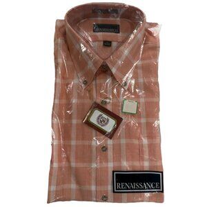 Renaissance Mens Large Orange & White Plaid Button-Up Shirt L 16-16.5 80's